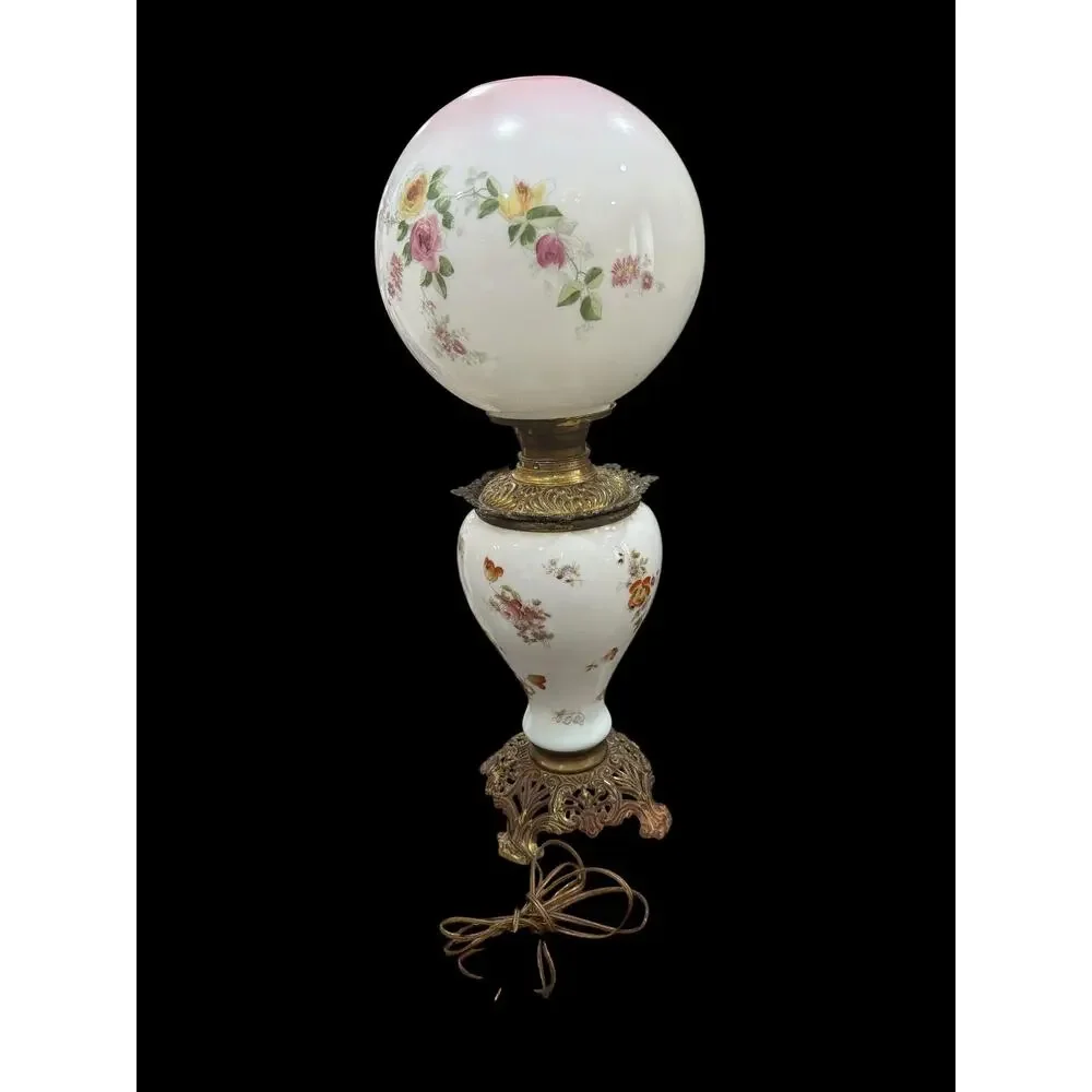Antique Gone With the Wind Lamp Hand Painted Floral Globe Electrified 25